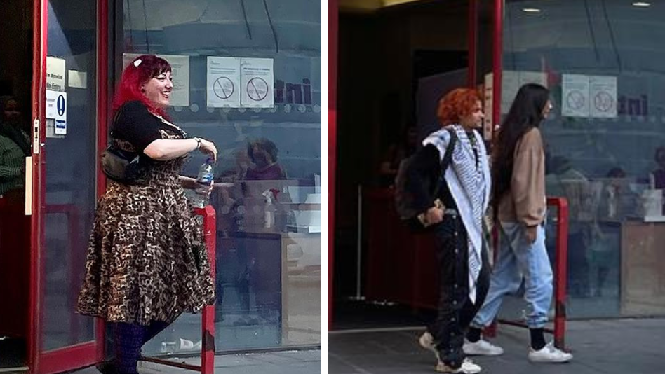 A composition photo. On the left there is Ayeshah Behit who has red hair, and is walking out of court. She has a leopard print dress on with a black t-shirt underneath and is holding a water bottle. On the right there is a photo of Hiba Ahmed, she is wearing blue jeans and a light brown jumper and has long black hair. Next to her is a person with orange hair and a black and white scarf with black trousers.