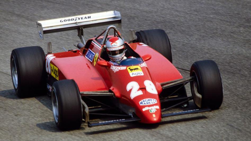 Mario Andretti driving the Ferrari 126C2 to third place in the 1982 Italian Grand Prix at Monza