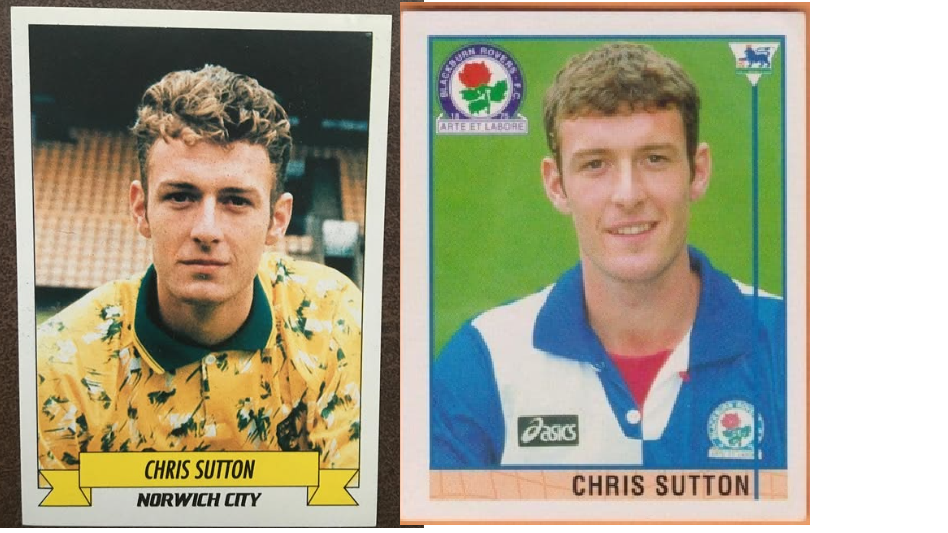 Stickers of Chris Sutton when he played for Norwich and Blackburn