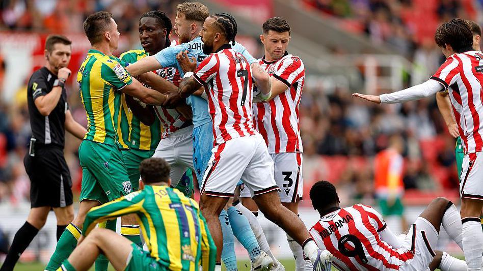 West Bromwich Albion and Stoke City players square up during their Championship clash