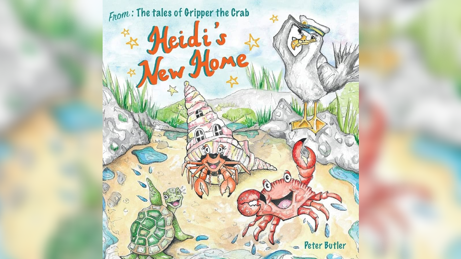 The cover is a watercolour painting of the drained bottom of a rockpool, with a seagull, crab, turtle and hermit crab smiling and waving. 