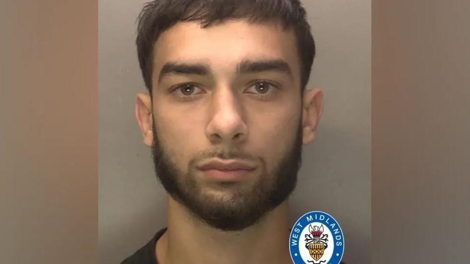 A mugshot of Dolars Aleksanders, 21, with a grey background. He has short dark hair, swept to the right side of his face with a short dark beard. The collar of a dark top is just visible.