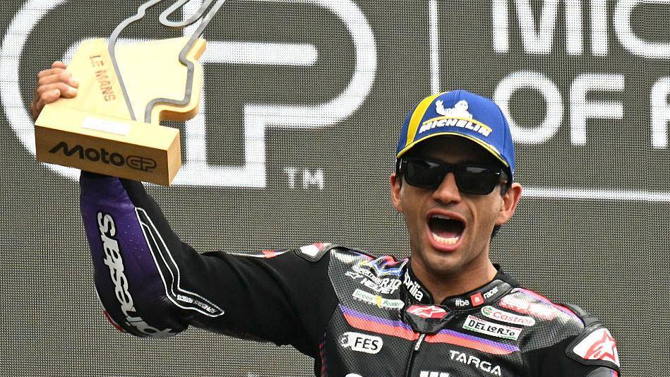 Aprilia Racing's Spanish rider Jorge Martin celebrates on the podium after winning MotoGP's French Grand Prix in May 2026