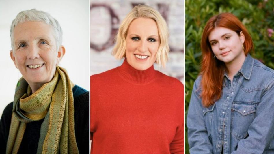 A composite photograph of portrait images of Ann Cleeves, Steph McGovern and Eliza Clark, smiling at the camera. Ann Cleeves has short grey hair and is wearing a black top and a green scarf. Steph McGovern has short blonde hair and is wearing a red jumper. Eliza Clarke has medium-length red hair and is wearing a denim jacket.