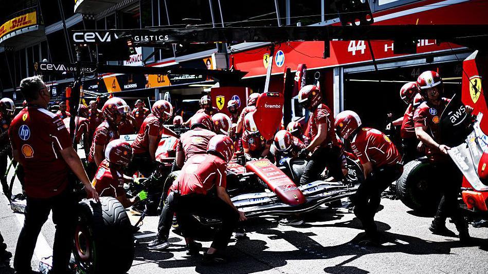 Ferrari practise a pit stop at Monaco during first practice for the 2025 grand prix