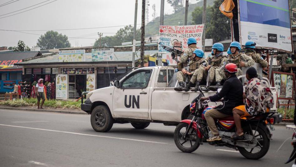 Uruguayan soldiers of the United Nations Organization Stabilization Mission in the Democratic Republic of the Congo (MONUSCO) travel on their pick up truks in Goma, on January 25, 2025.