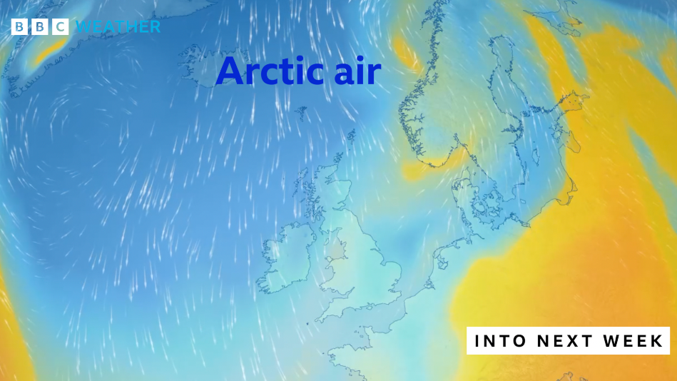 ̳ Weather graphic showing the UK with blue colours overlaid indicating a colder Arctic air mass moving in