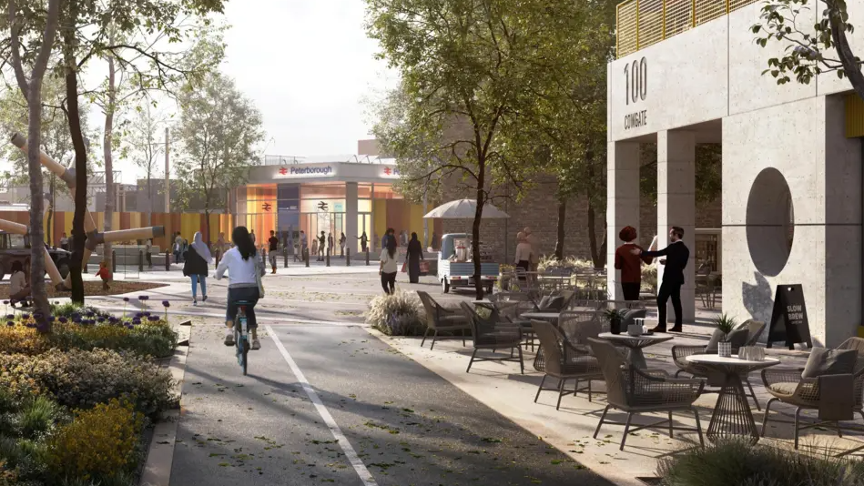 Peterborough train station new plans artists impression image - with the station entrance in the background and people walking and cycling towards it and a cafe with outdoor seating on the right side