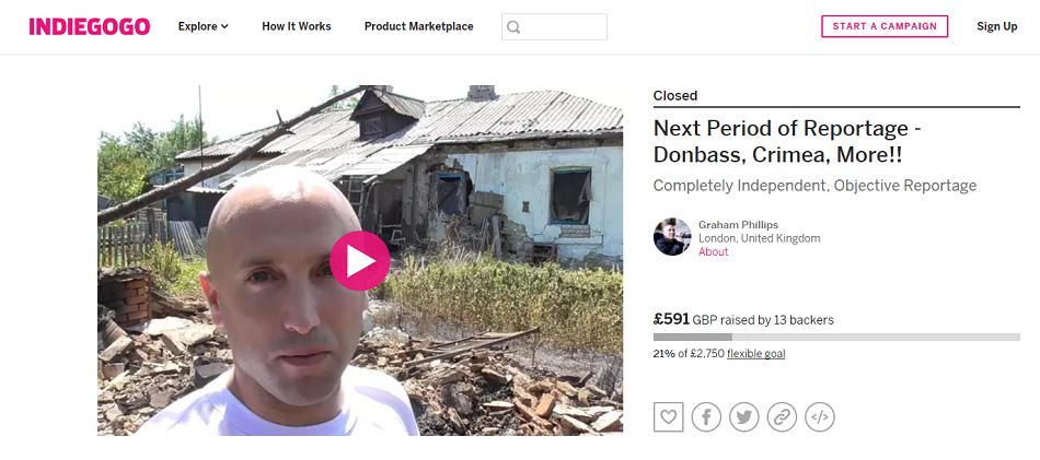 A screenshot from Graham Phillips' latest crowdfunding campaign. Phillips is currently crowdfunding for a new period of reporting in eastern Europe