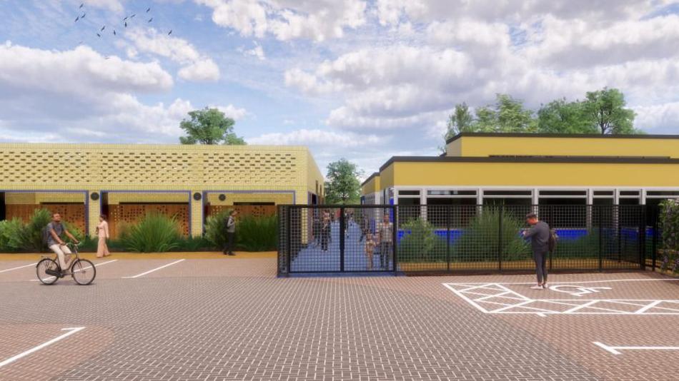 A generated image of two single-storey, yellow-called buildings with a gated entrance, showing the proposed plans.