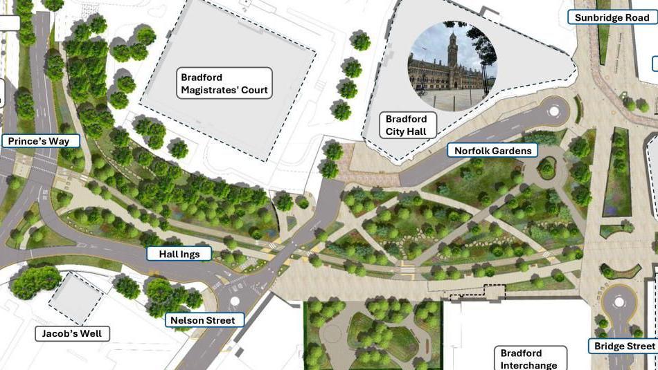 A map showing roads, green areas and labels of Bradford landmarks such as City Hall, Bradford Interchange and the magistrates' court.