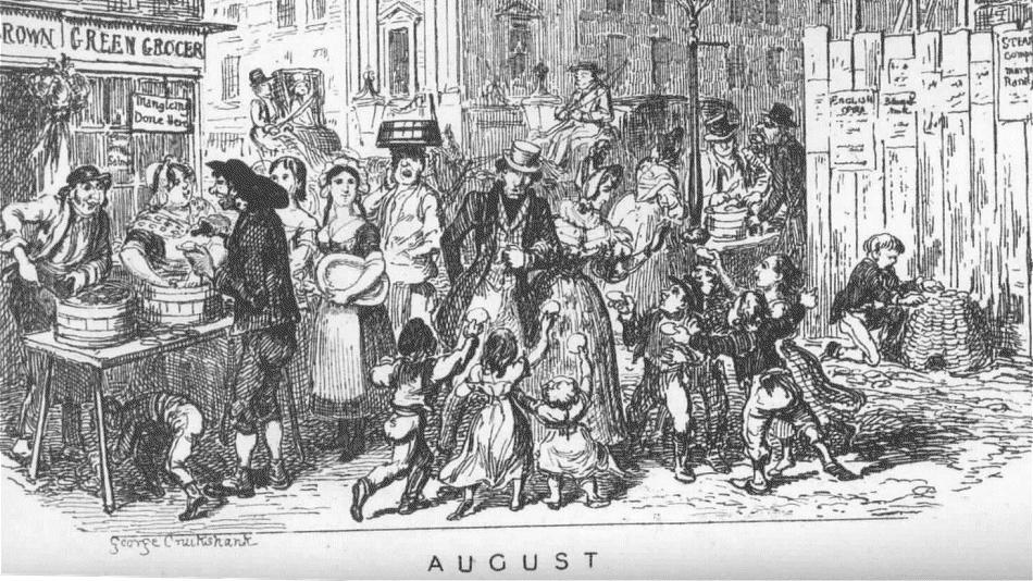 A black-and-white finely drawn illustration by George Cruikshank showing Victorian people buying oysters, and street urchins begging for money. It includes some small boys building a grotto out of oyster shells