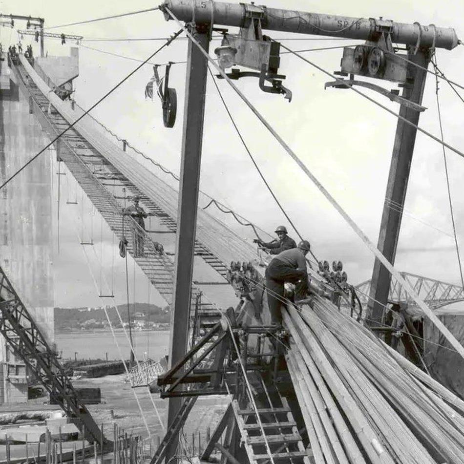 Workers building the Forth Road Bridge