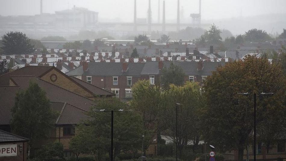 Rotherham skyline view, of houses in mist