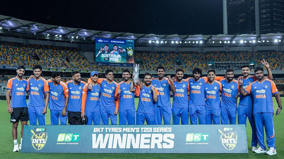 India celebrate their T20 series win over Australia