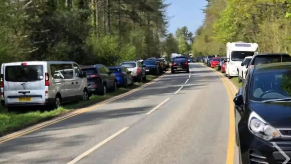 This image depicts a two-lane road in a rural or forested area, with cars are parked on both sides of the road.
On the left, vehicles are parked on a grassy verge.
On the right, cars and a white camper van are parked along the roadside.
The surroundings are lush with trees and greenery