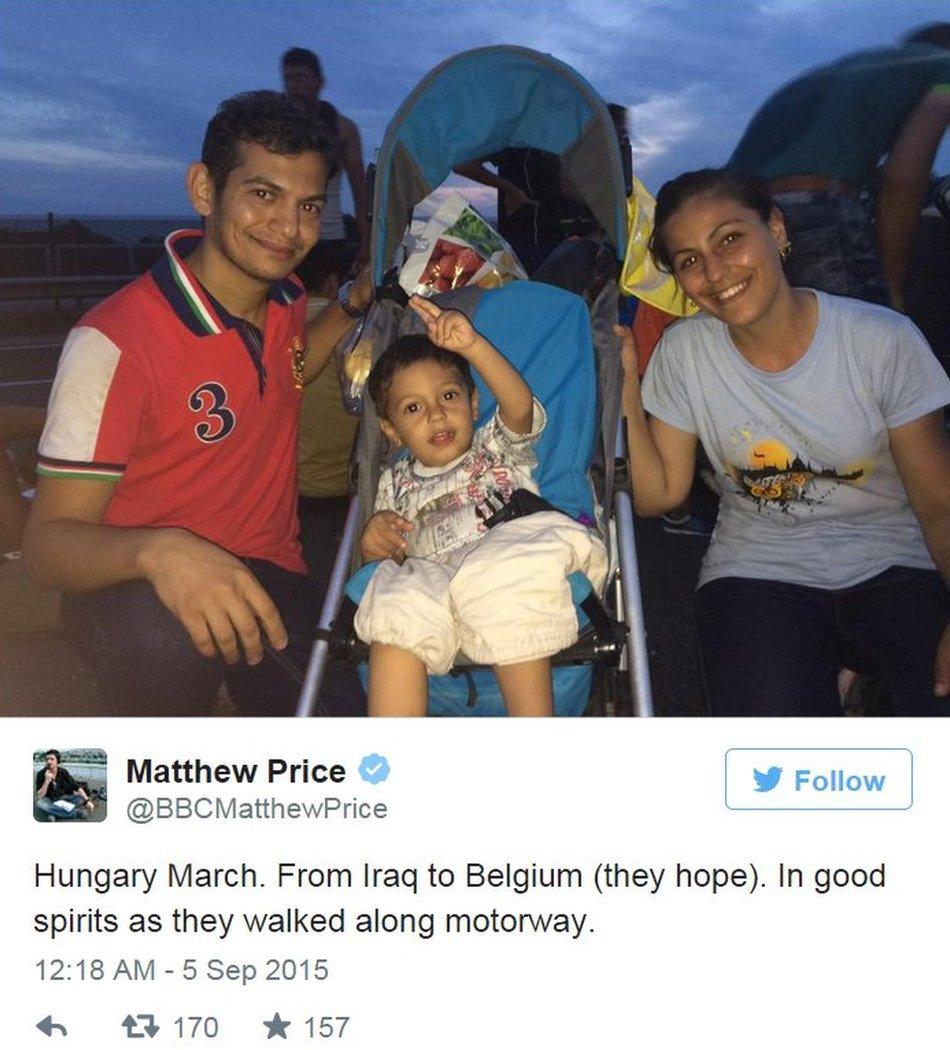 Tweet by Matthew Price, BBC correspondent, following Iraqi family walking to Austria