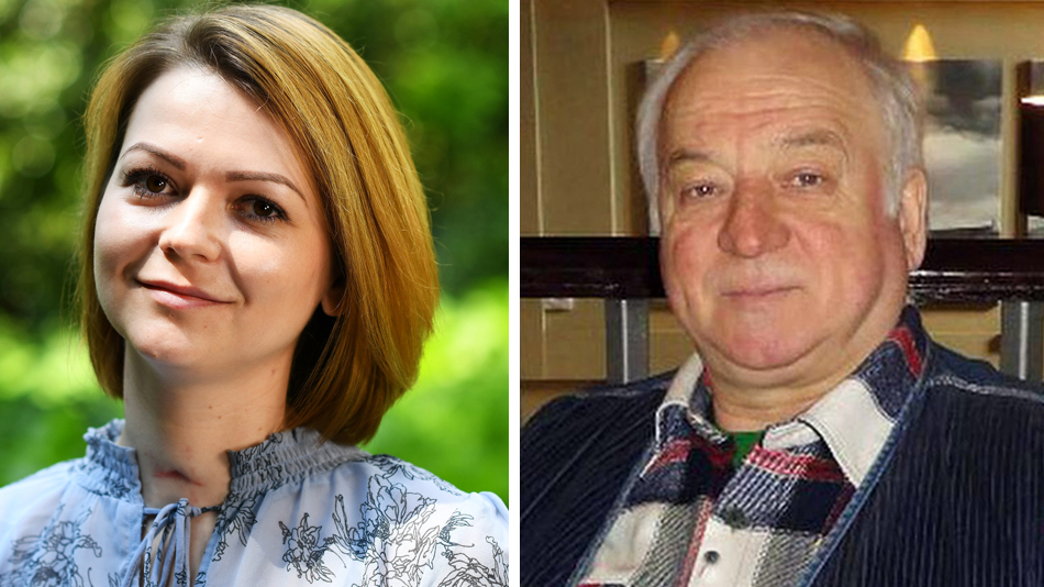 A composite image showing Yulia Skripal wearing a pale blue patterned dress on the left, and her father Sergei Skripal wearing a blue and white checked shirt and a blue corduroy jacked on the right