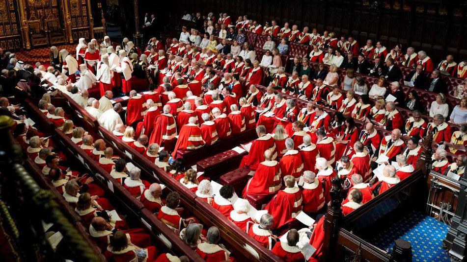 Peers dressed in red ceremonial robes sit in the House of Lords chamber ahead of the State Opening of Parliament in July