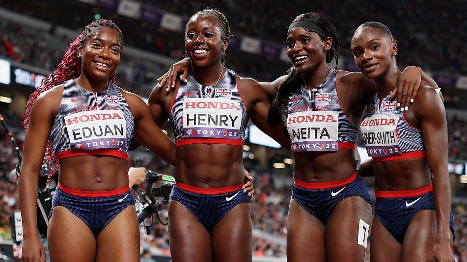 Success Eduan, Desiree Henry, Daryll Neita and Dina Asher-Smith lock arms after their race