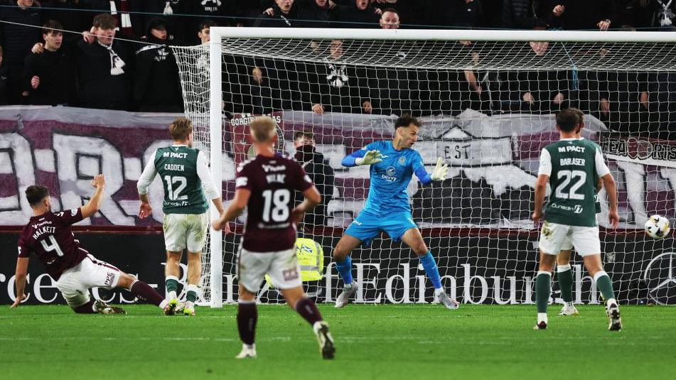Craig Halkett scores for Hearts against Hibernian