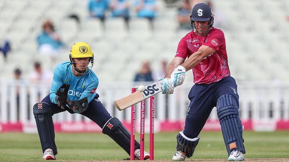 Chris Lynn of Northamptonshire Steelbacks plays a shot in front of Warwickshire wicket-keeper Kai Smith at Edgbaston on Sunday 31 May, 2026