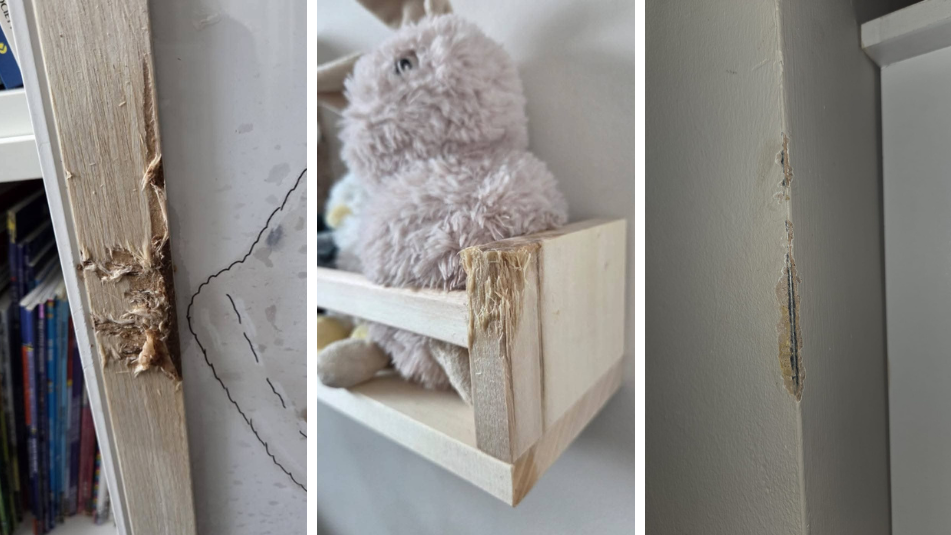Three photos side by side. On the left is the side of a bookshelf which is damaged. In the middle is a simlar, smaller damaged shelf with a stuffed bunny on it. And on the right is the corner of a wall where the paint has come away.