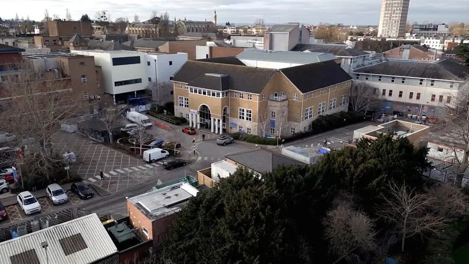 A view of the Cheltenham Birth Centre and the surrounding buildings taken from height. 