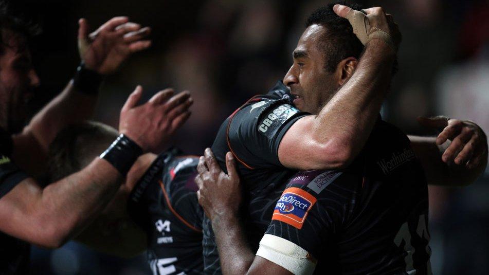 Aisea Natoga is congratulated after scoring a hat-trick for the Ospreys against Cardiff Blues