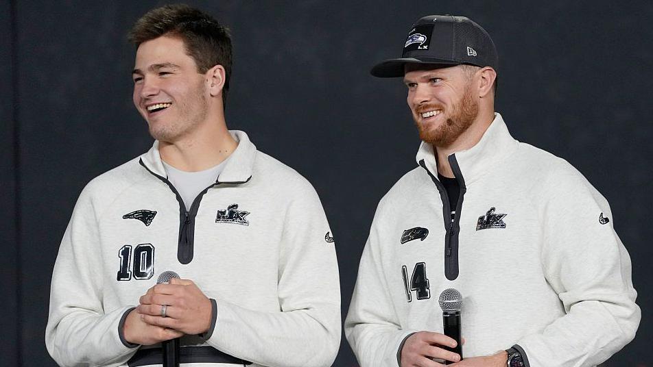Drake Maye of the New England Patriots and Sam Darnold of the Seattle Seahawks at Opening Night in San Jose