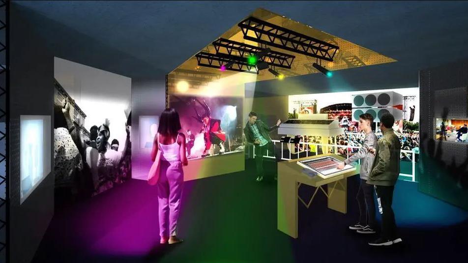 An artist's impression of how one of the new sound and vision galleries may look, showing two people using a sound mixing desk while watching a video of a live music show, and someone watching, while another plays air guitar