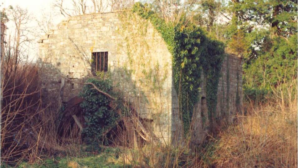 The overgrown ruin of an old mill amongst trees and grass