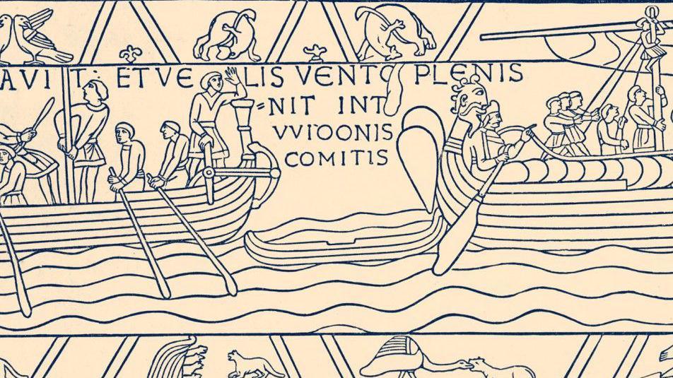 Bayeux Tapestry: Harold sailing from Bosham to Ponthieu in1064. A 19th century illustration.