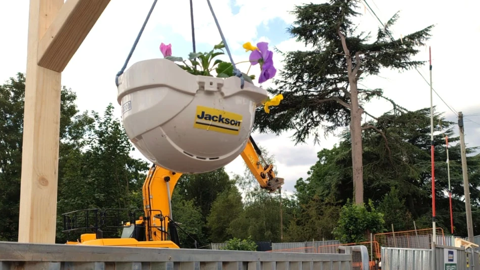 Hard hat with flowers in it
