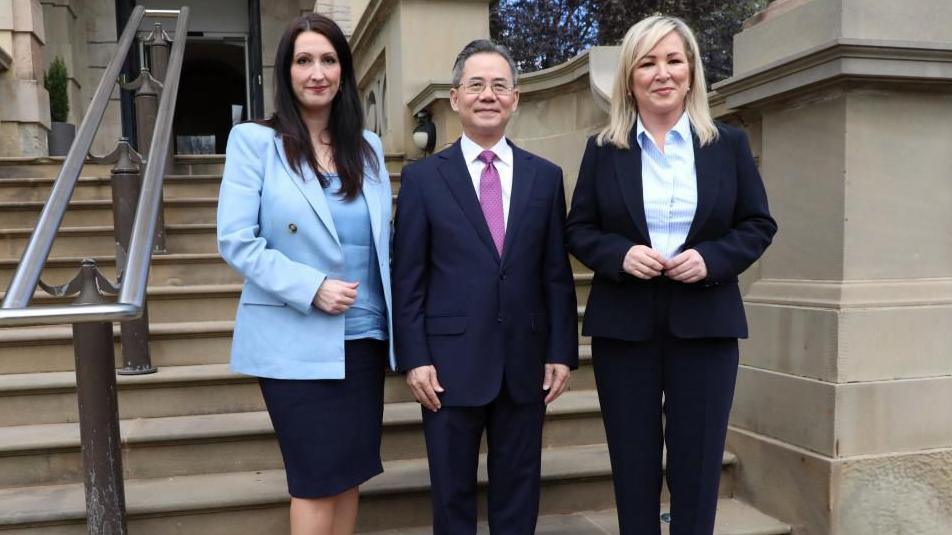 Deputy First Minister Emma Little-Pengelly, Chinese ambassador Zheng Zeguang and First Minister Michelle O'Neill at Stormont Castle