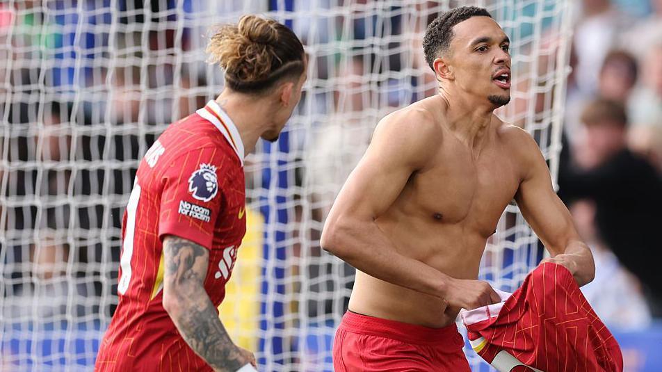 Trent Alexander-Arnold celebrates after putting Liverpool ahead at Leicester City