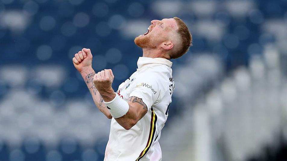 Ben Stokes looks to the sky and roars in celebration after claiming a wicket for Durham against Northamptonshire last month