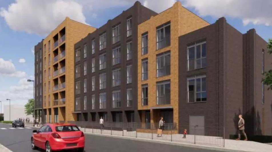 A CGI illustration of what the six-storey apartment blocks could have looked like, featuring a car and people walking along a street