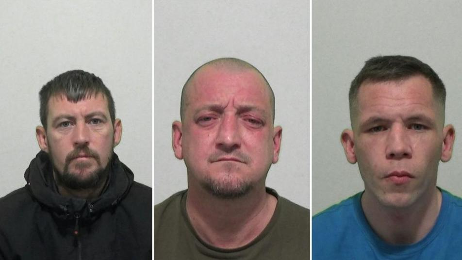 Mugshots of three men. One has dark hair and a beard, the other has a shaved head with hair onhis chin and third has short dark hair and is clean shave