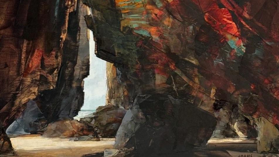 An oil painting of a rocky hollow on the beach at Chapel Porth in Cornwall.