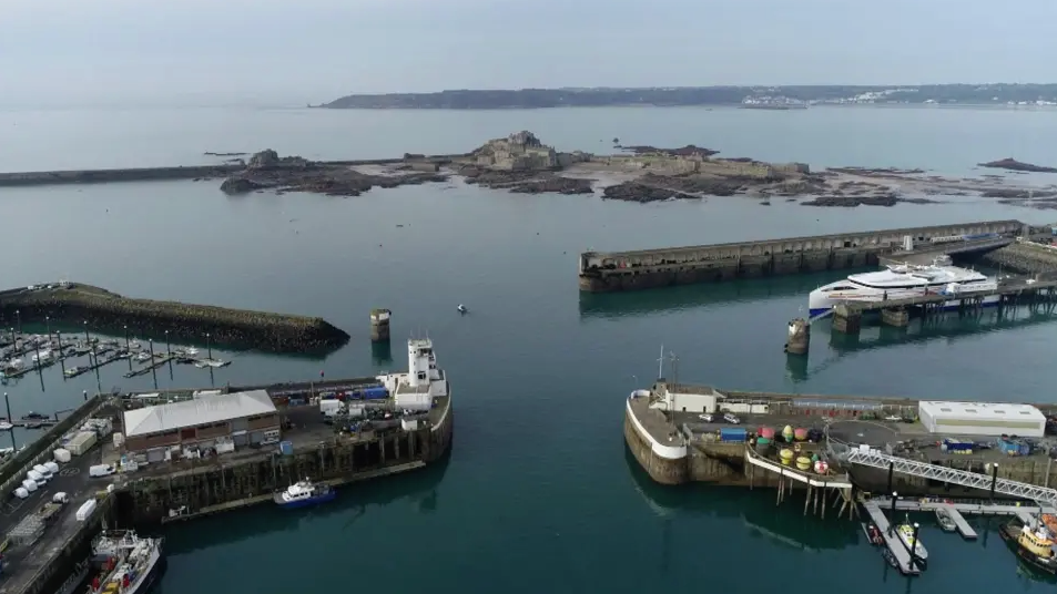 An aerial view of the harbour in St Helier.