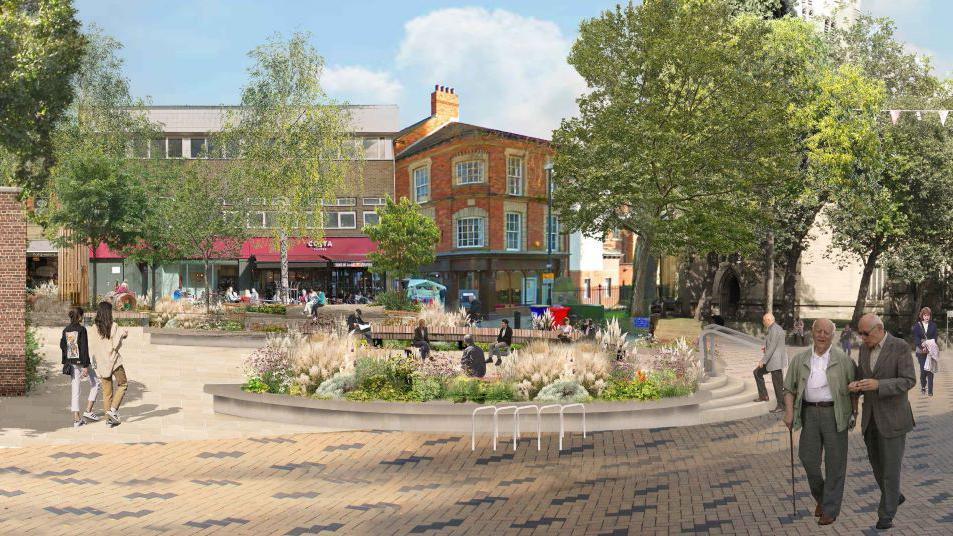 An artist impression shows a circular seating area with flowers and hedges in the centre. People can be seen sitting on benches, reading newspapers or chatting. A Costa store can be seen in the background amid a row of houses and several mature trees.