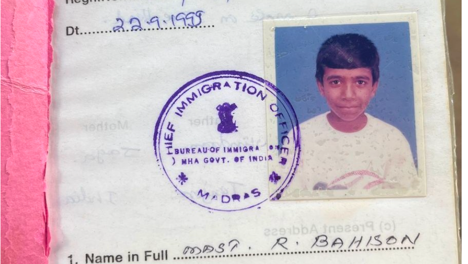 Bahison Ravindran's childhood photo in a special certificate meant for Sri Lnakan Tamils in India, issued by the Indian government in 1999. It has a seal of the home ministry's Bureau of Immigration 