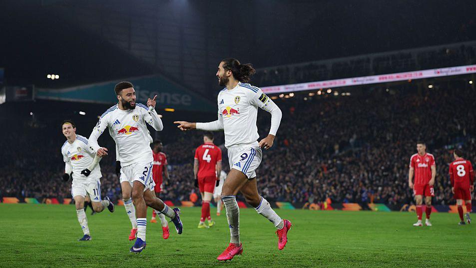 Dominic Calvert-Lewin of Leeds celebrates scoring the 3rd goal during the Premier League match between Leeds United and Nottingham Forest at Elland Road