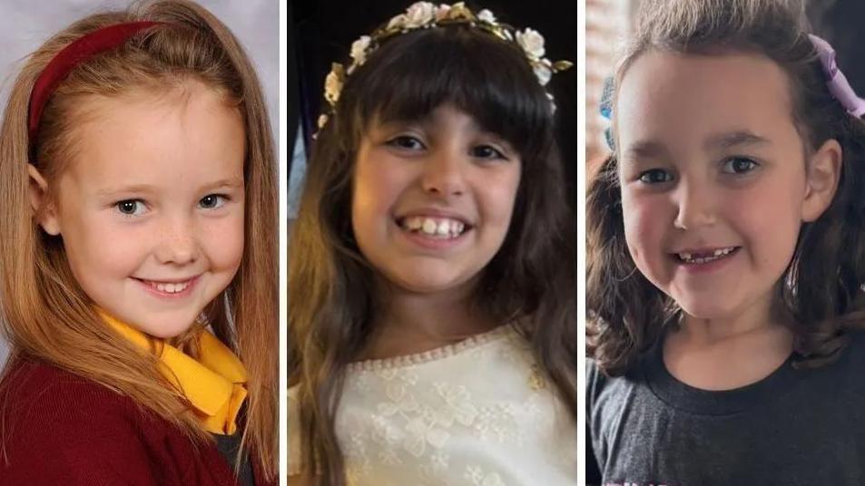 A composite picture showing Elsie Dot Stancombe in her red and yellow school uniform, Alice da Silva Aguiar in her white communion dress and Bebe King in a black 'Wicked' themed t-shirt. All are smiling. 