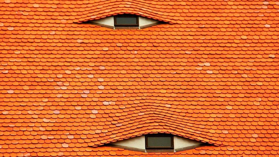 image of a roof which is orange and the windows look like eyes