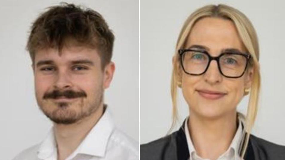 Harrison Fowler on the left. He has brown hair and a brown moustache. Helen Butler is on the left, She had blonde hair and is wearing black glasses.
