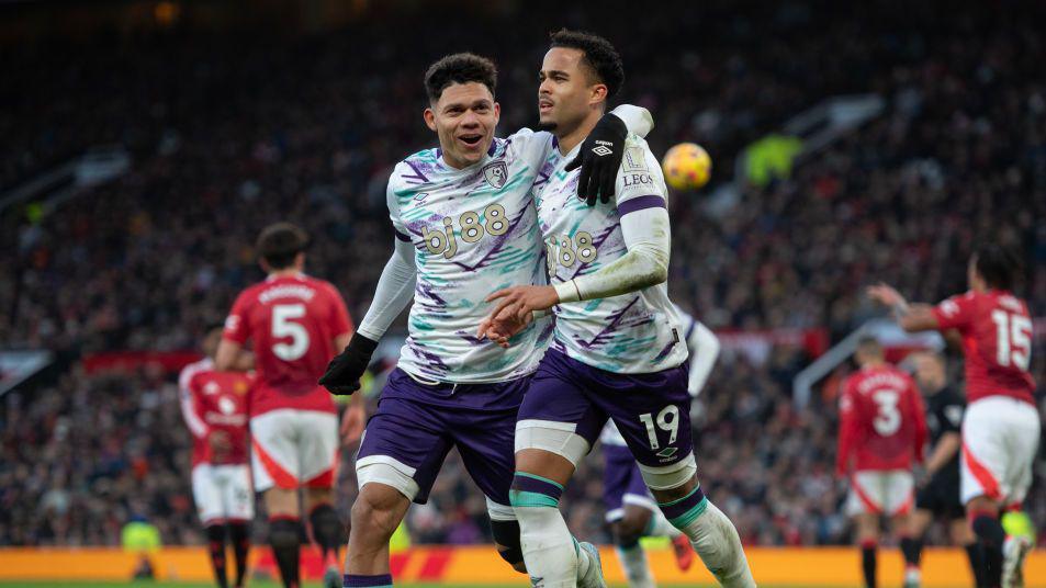 Justin Kluivert celebrates scoring for Bournemouth at Manchester United