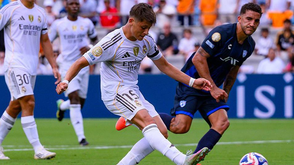 Arda Guler attempts a shot during Real Madrid's victory over Pachuca at the Club World Cup