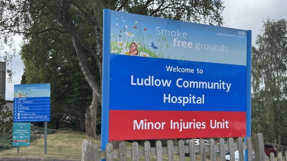 Picture of hospital sign saying "Ludlow Community Hospital" in white letters on a blue background with a red part underneath saying "Minor Injuries Unit" in white letters. The sign is in front of a tree and behind a wooden fence.
